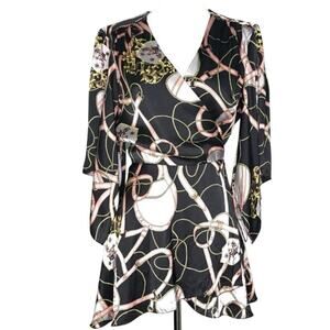 SINGLE Silk Wrap Old Money Baroque Chain Print Top Kimono Sleeve - Sz Large
